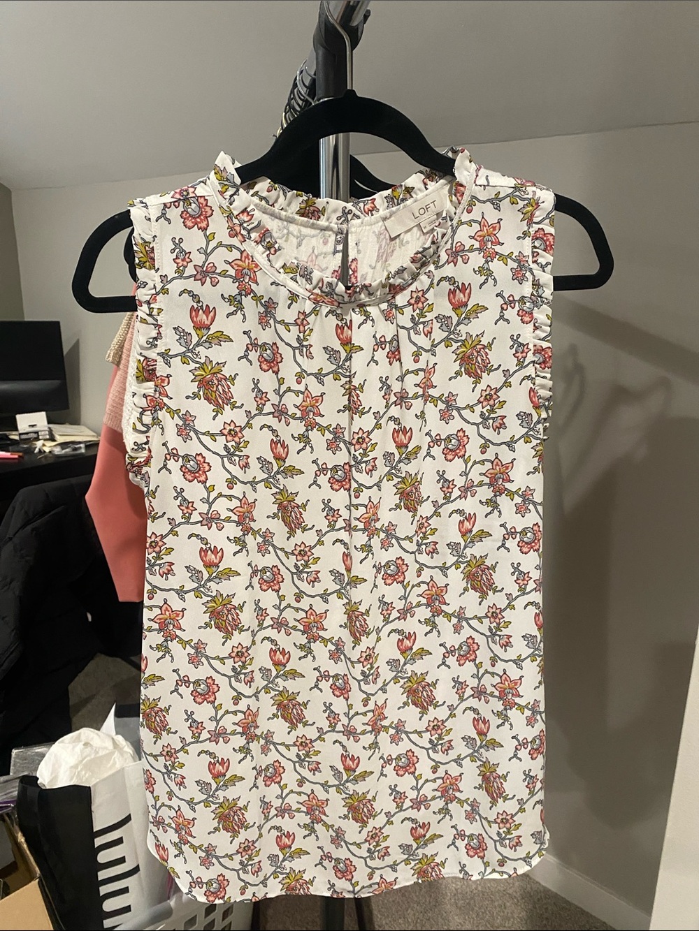 LOFT White Floral Ruffle-Trim Sleeveless Camisole with Pink & Green Print